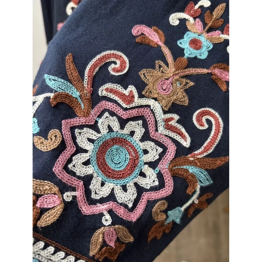 J. Jill Embroidered Floral Long Sleeve Shift Dress L Navy Blue Boho Chic Coastal